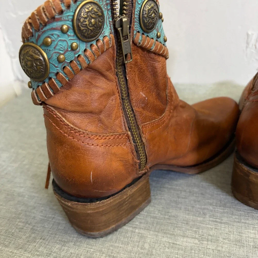 Corral Ankle Boots Women 5.5 Tan Turquoise‎ A3196 Fringe Concho Western Booties
